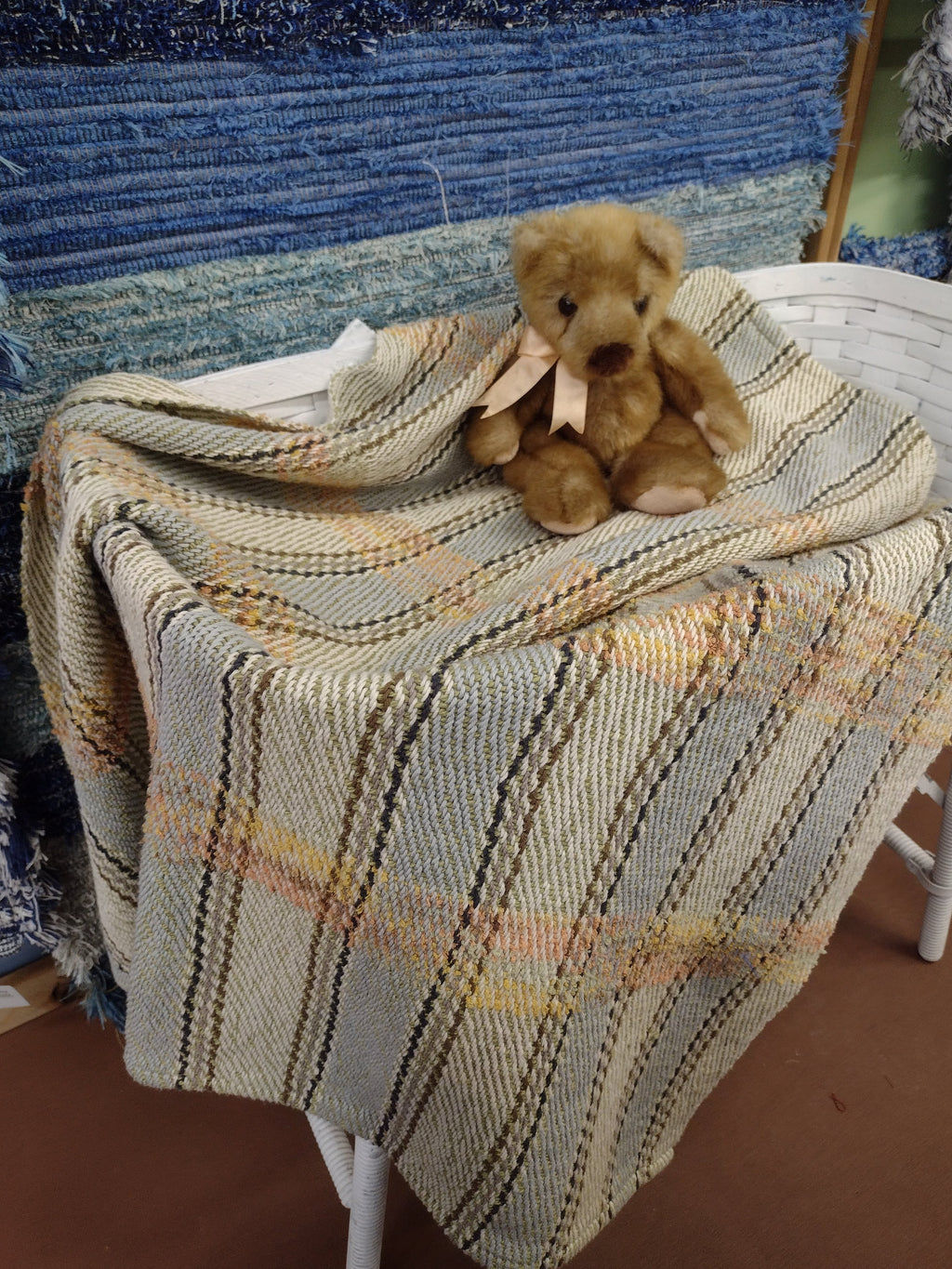 Sage Green & Earthy Gold + Brown Variegated Stripe Baby Blanket or Lap Blanket #0080