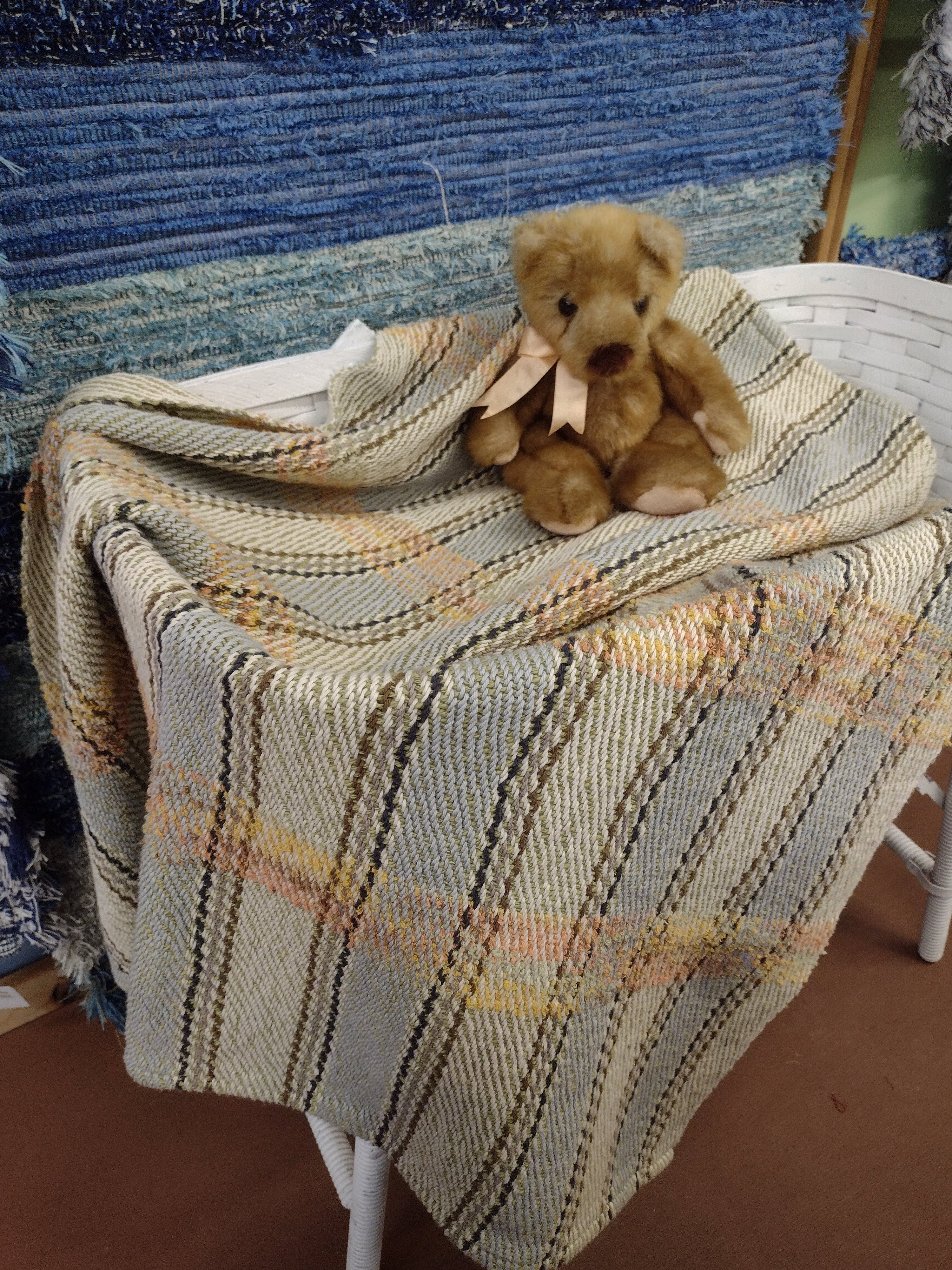 Sage Green & Earthy Gold + Brown Variegated Stripe Baby Blanket or Lap Blanket #0080