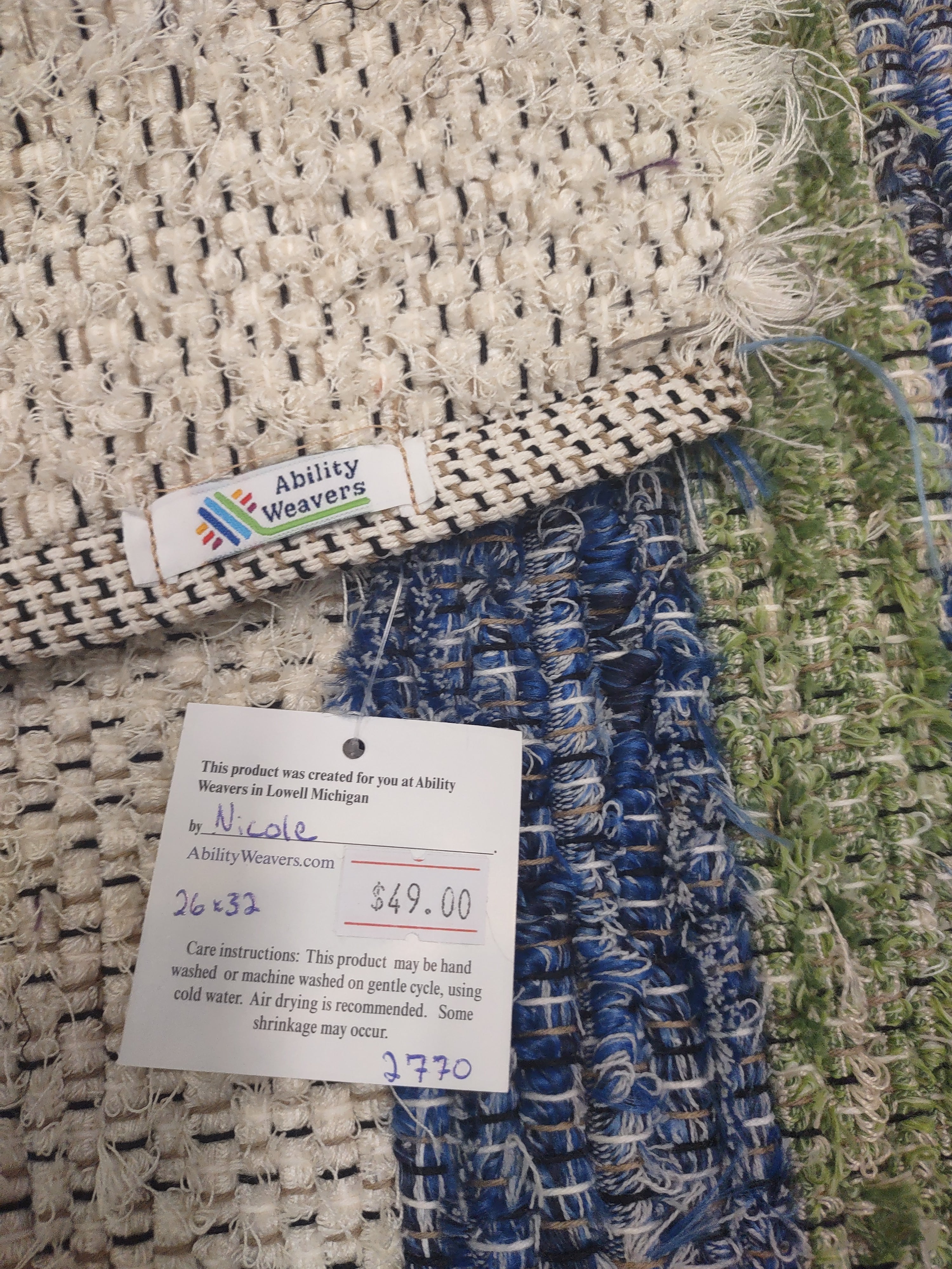 Blue, cream, yellow & green rug 26x28 inches #2770