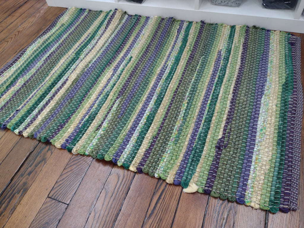 Shades of Green, Deep Purple and Yellow, Classic Rag Rug 26x40 inches #2856