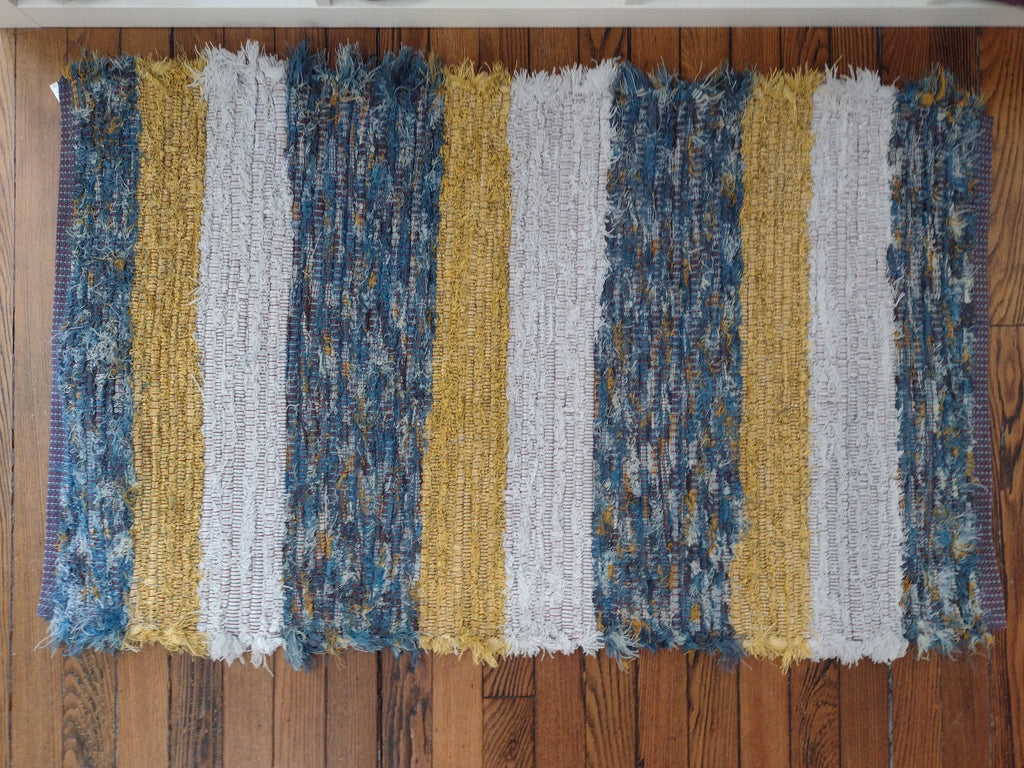 Multi-Blue, Gold & Silver Fuzzy Rug by Clara  26x54 inches #2838