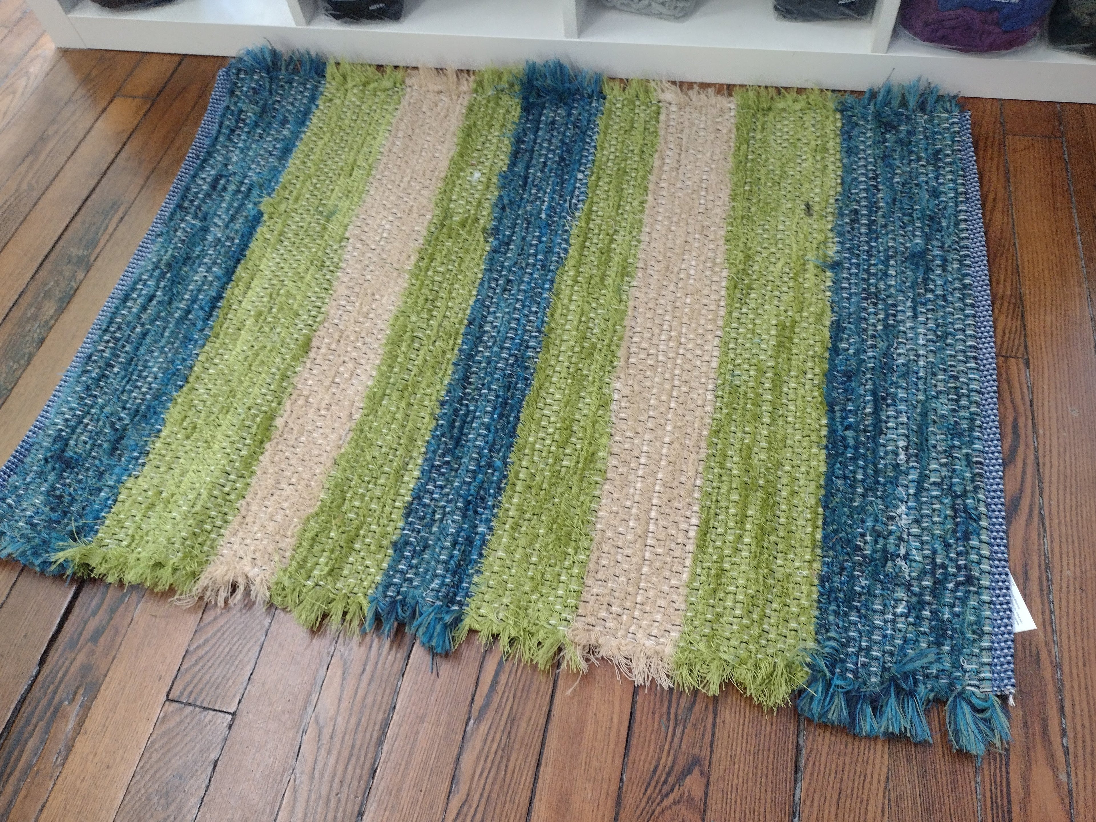 Bold Blue & Green fuzzy rug by Nicole, 26x36 inches #2877
