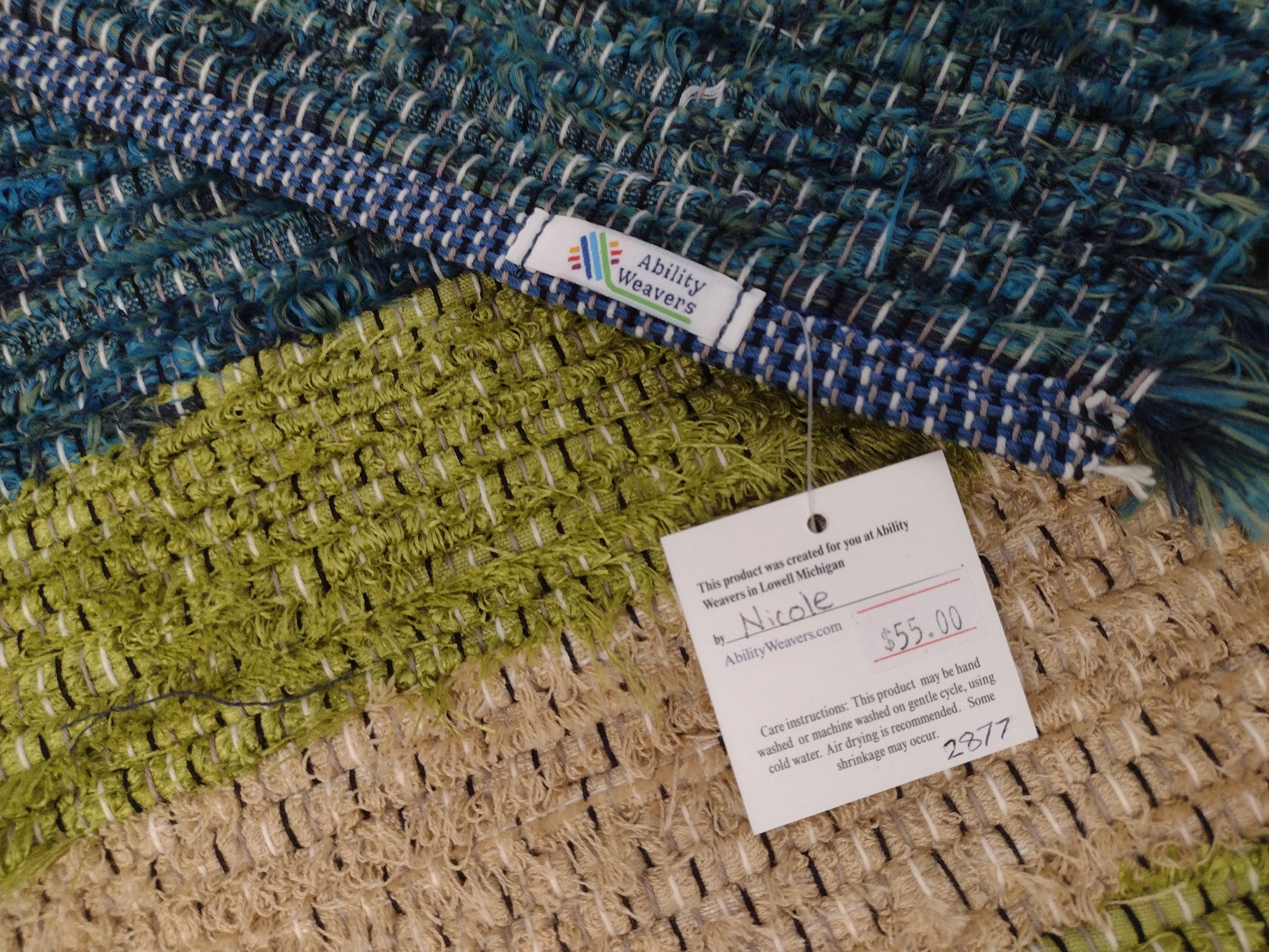 Bold Blue & Green fuzzy rug by Nicole, 26x36 inches #2877