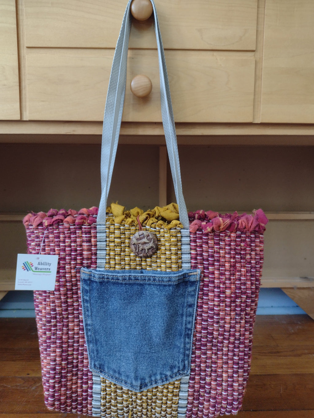 Earthy Red & Gold Handwoven Tote with specialty dog button by Grace, #434