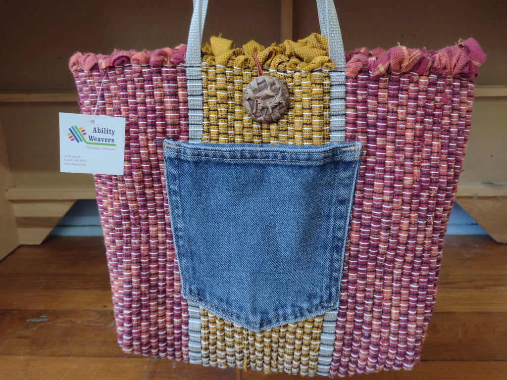 Earthy Red & Gold Handwoven Tote with specialty dog button by Grace, #434