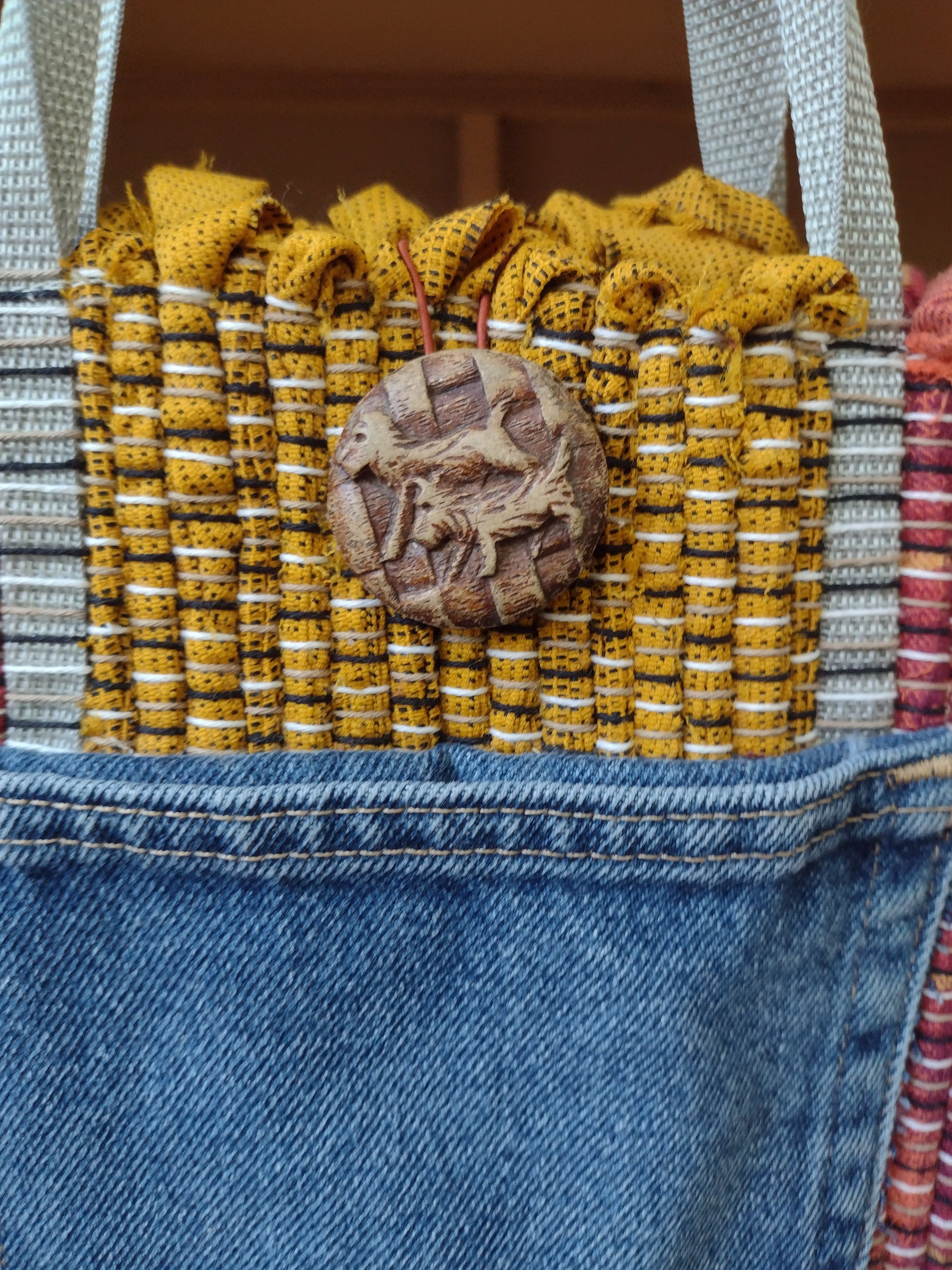 Earthy Red & Gold Handwoven Tote with specialty dog button by Grace, #434
