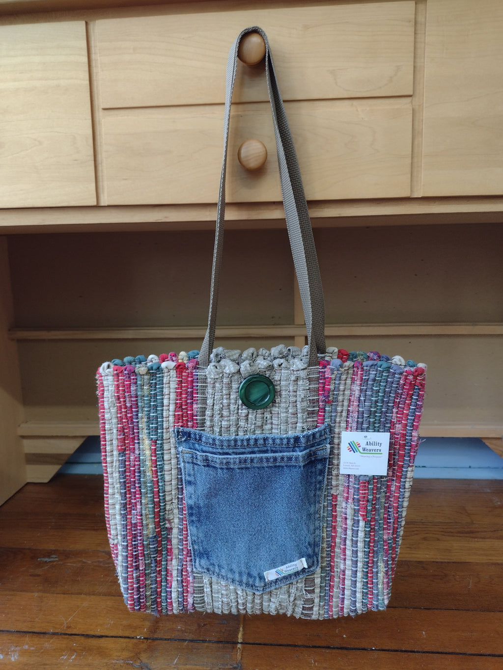 Red, Green & Tan Handbag by Hannah with vintage fabric #445