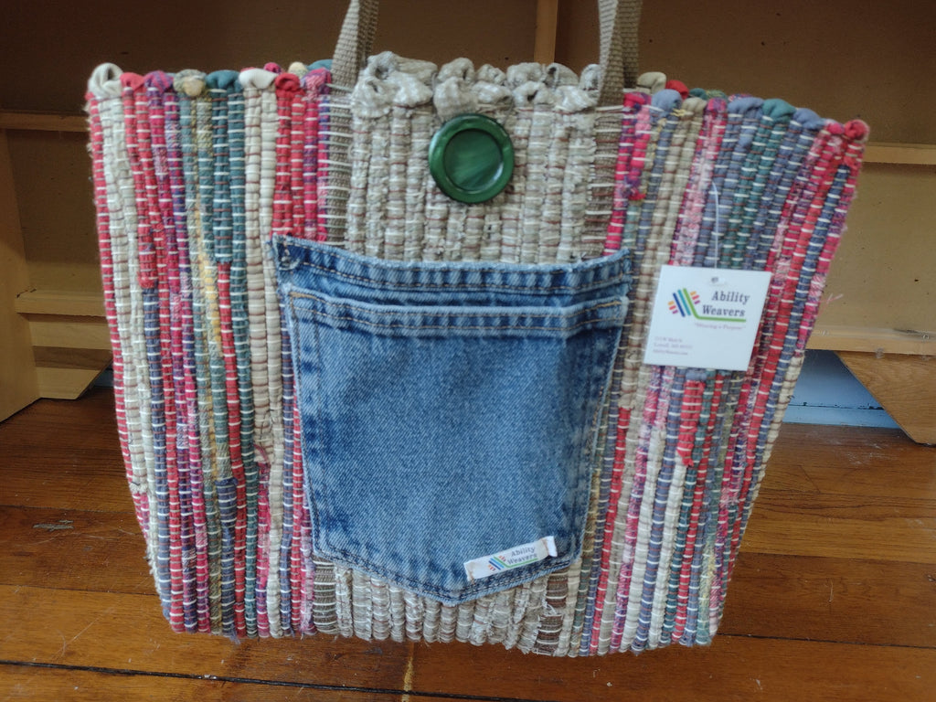 Red, Green & Tan Handbag by Hannah with vintage fabric #445