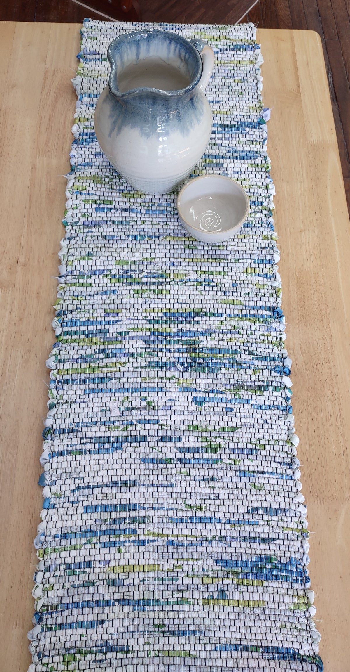 Cream and Blue Table Runner 14x59 inches, #2964