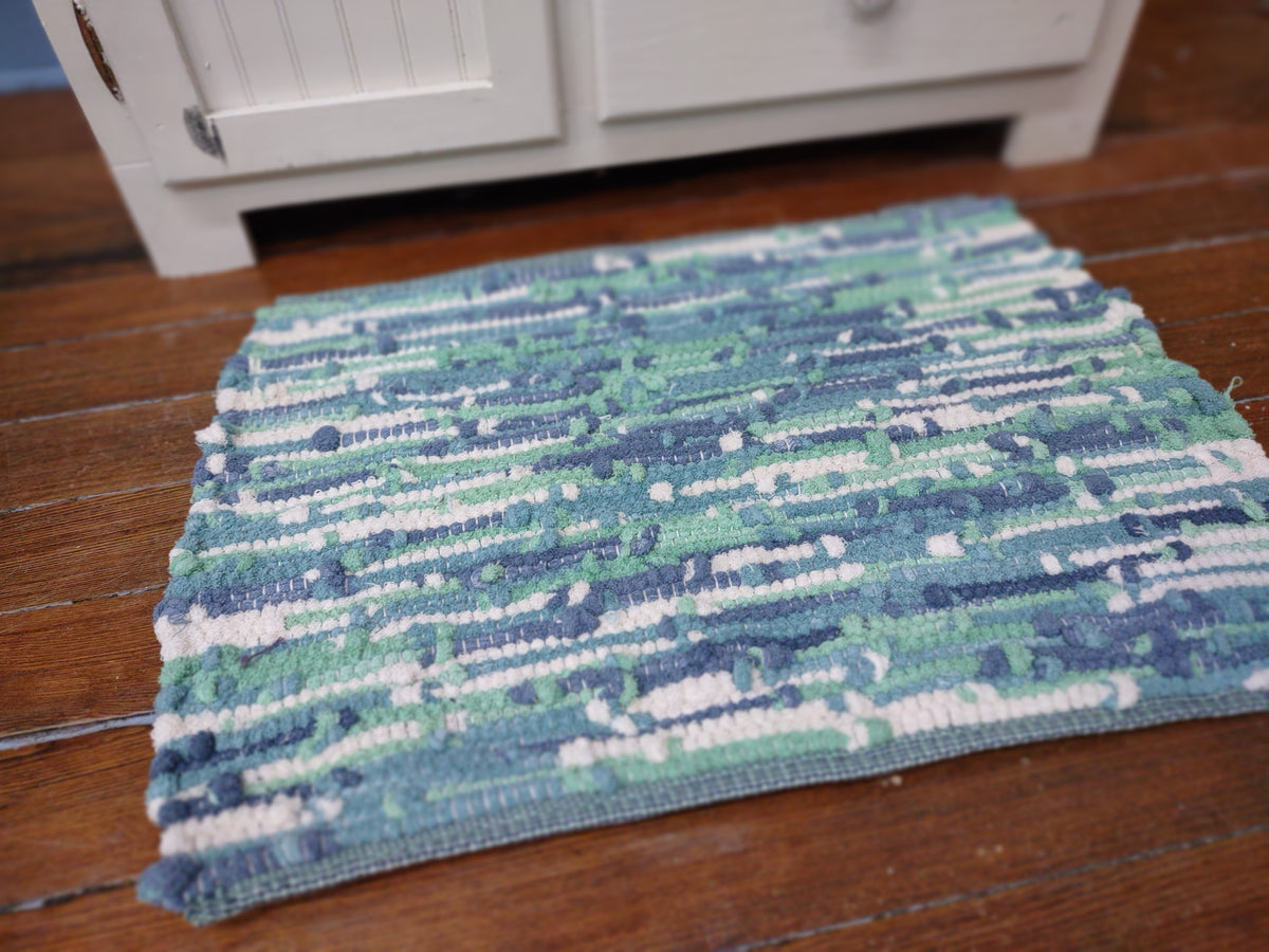 Handwoven Upcycled Blue and Turquoise Bath Mat 19x26 inches  #2893