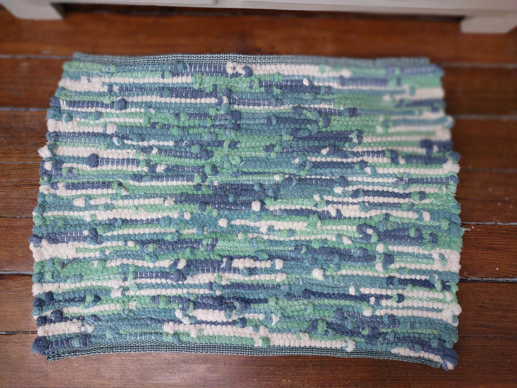 Handwoven Upcycled Blue and Turquoise Bath Mat 19x26 inches  #2893