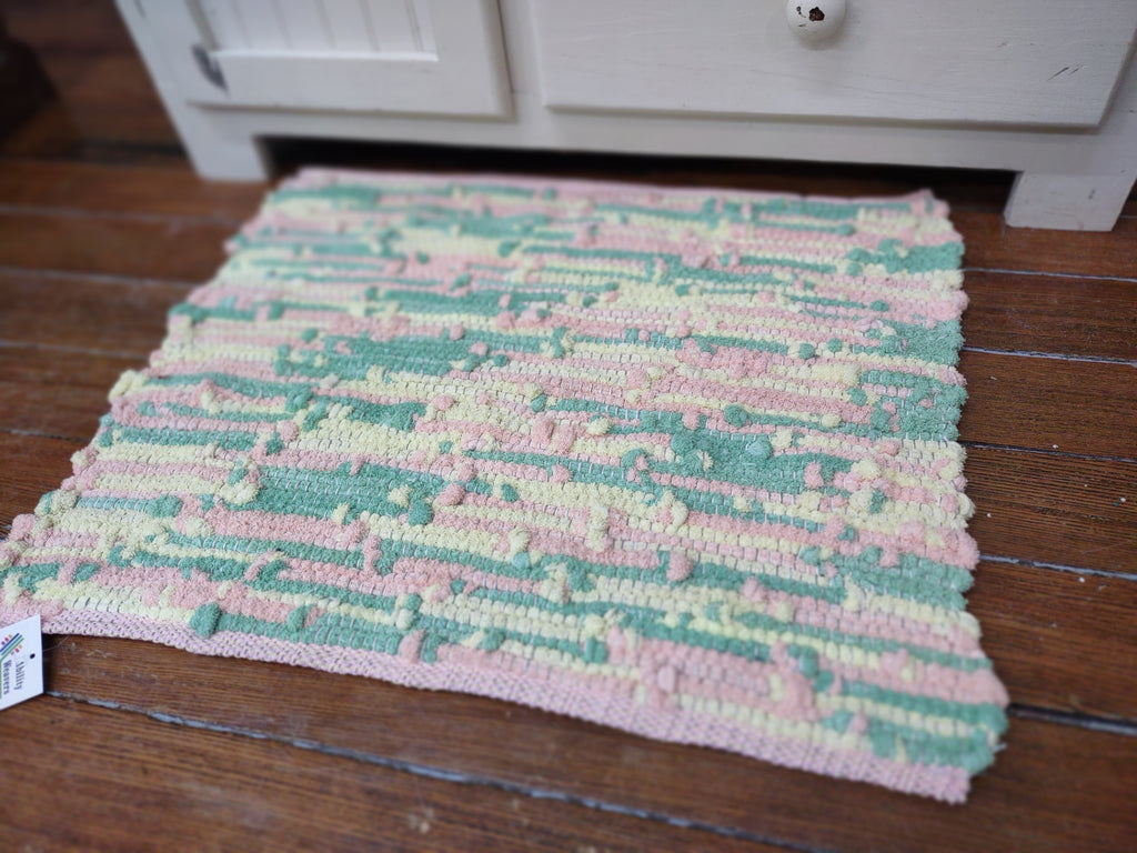 Handwoven Upcycled Pink, Green and Yellow Bath Mat 19x24 inches  #2966