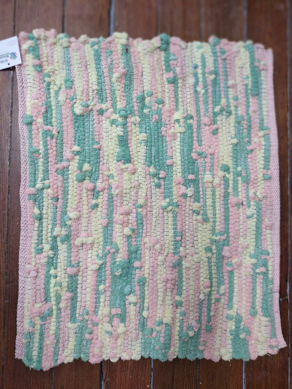 Handwoven Upcycled Pink, Green and Yellow Bath Mat 19x24 inches  #2966