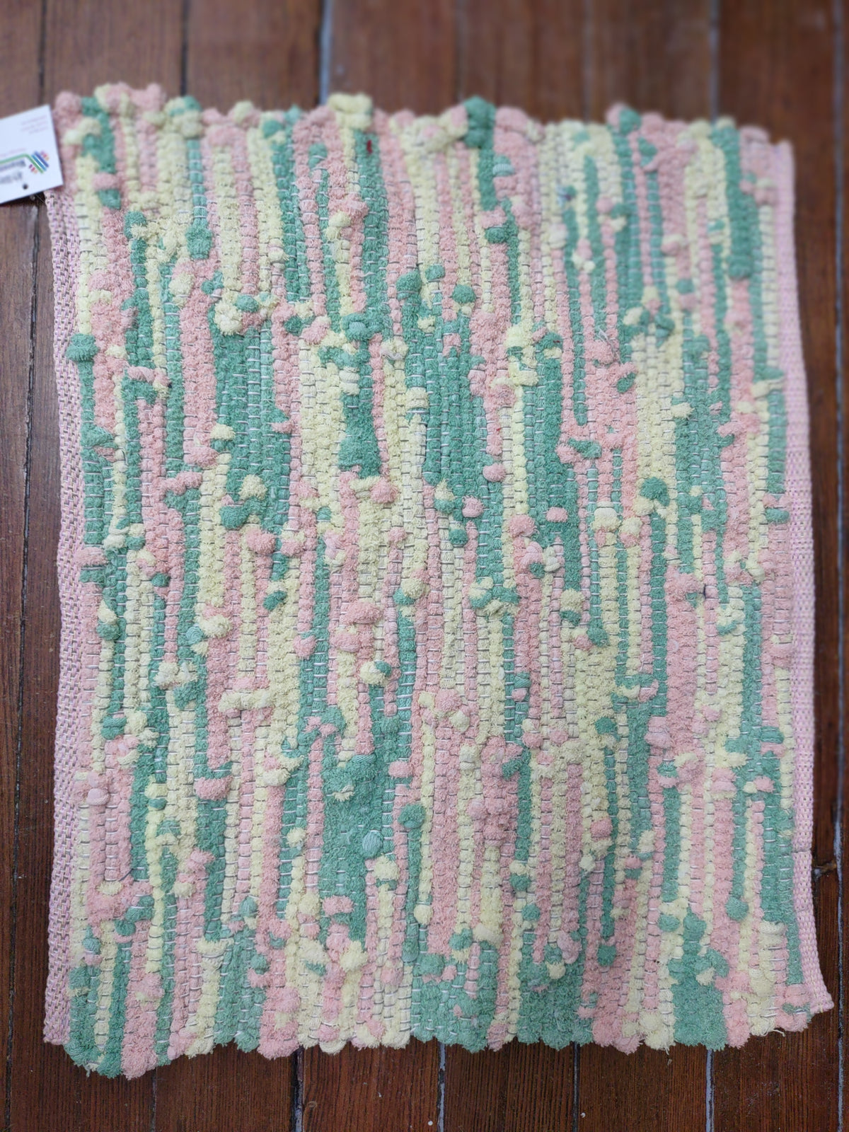 Handwoven Upcycled Pink, Green and Yellow Bath Mat 19x24 inches  #2966