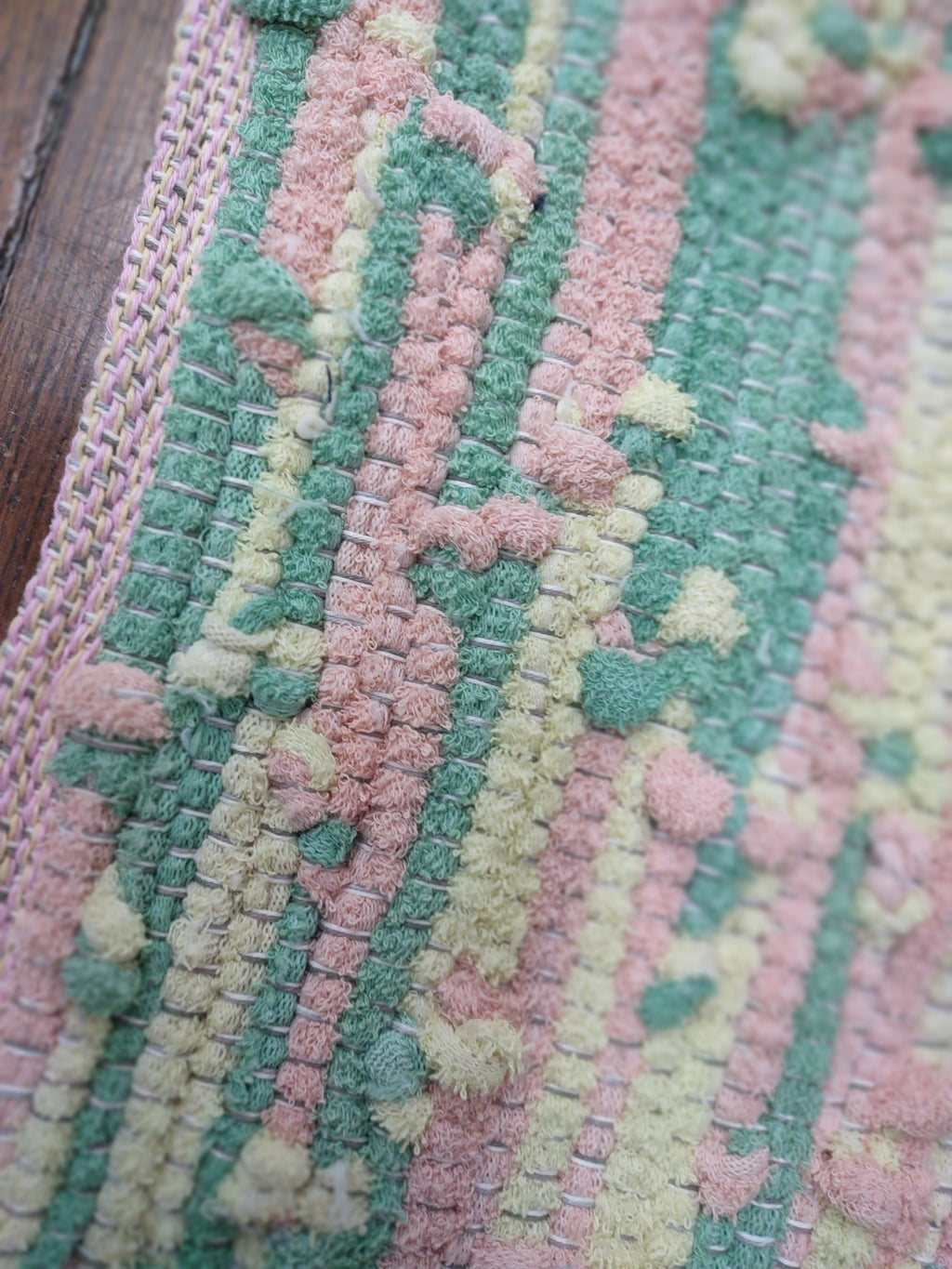 Handwoven Upcycled Pink, Green and Yellow Bath Mat 19x24 inches  #2966
