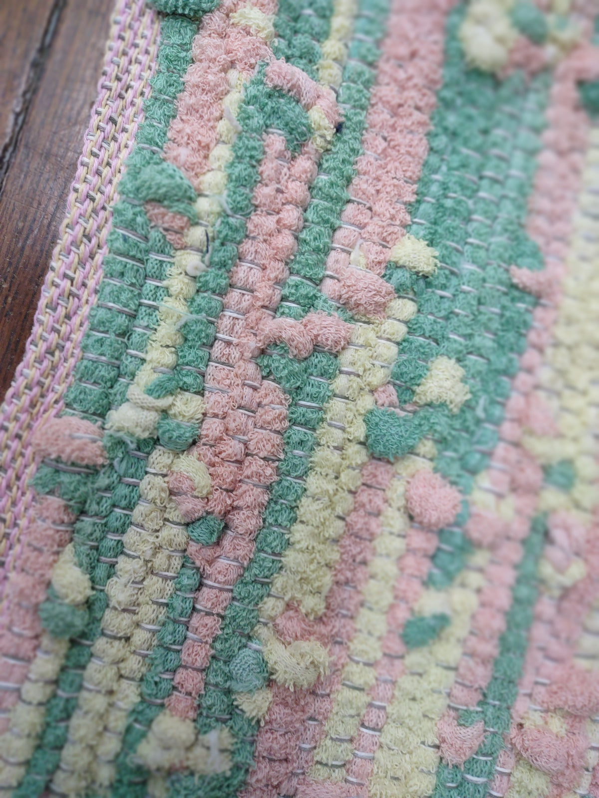 Handwoven Upcycled Pink, Green and Yellow Bath Mat 19x24 inches  #2966