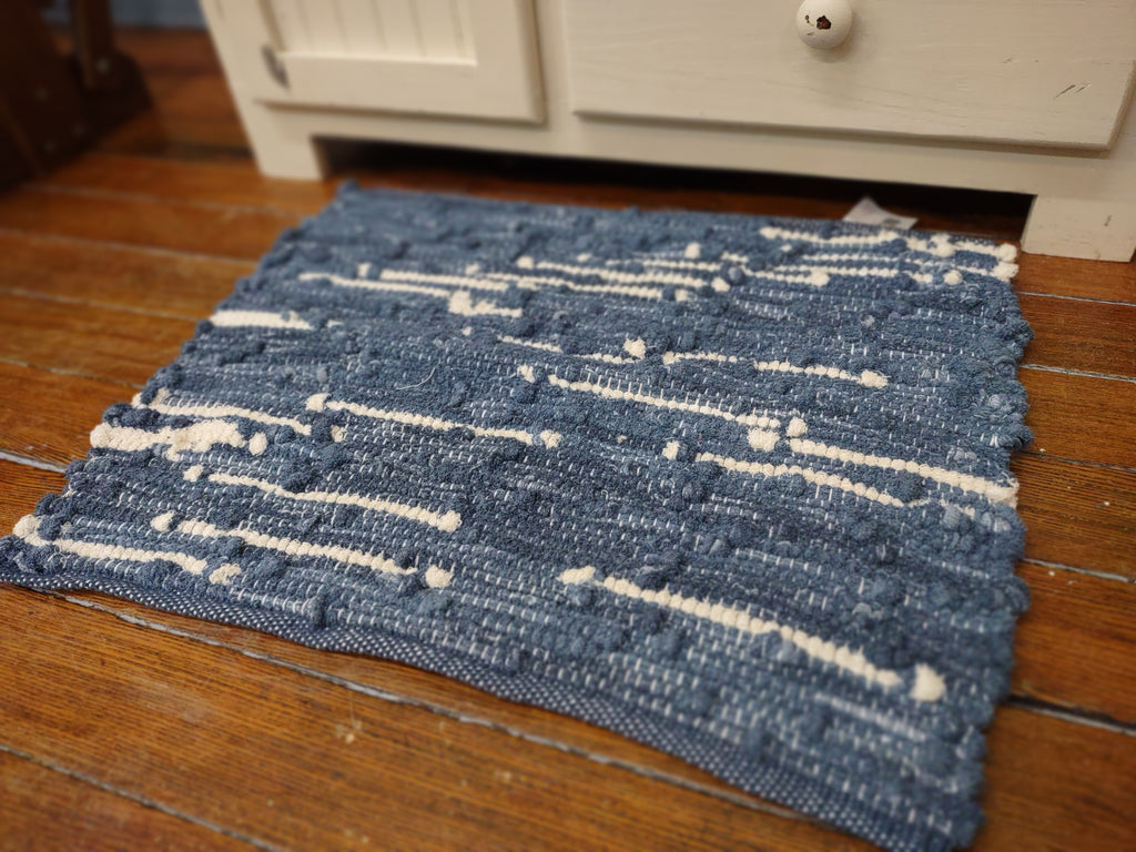 Handwoven Upcycled Blue and White Bath Mat 19x24 inches  #2943
