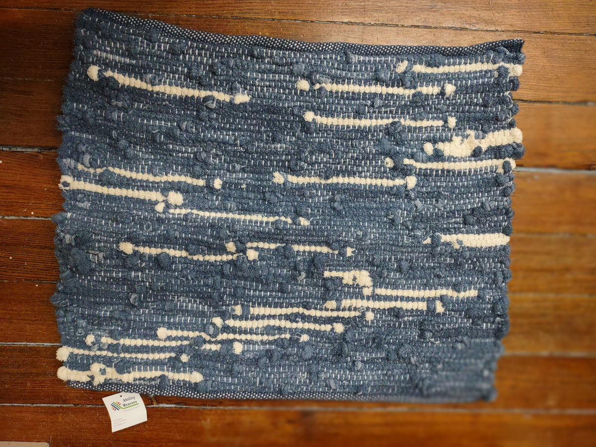 Handwoven Upcycled Blue and White Bath Mat 19x24 inches  #2943