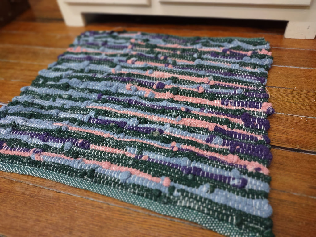 Handwoven Upcycled Blue, Green, Pink and Purple Bath Mat 23x21 inches  #2944