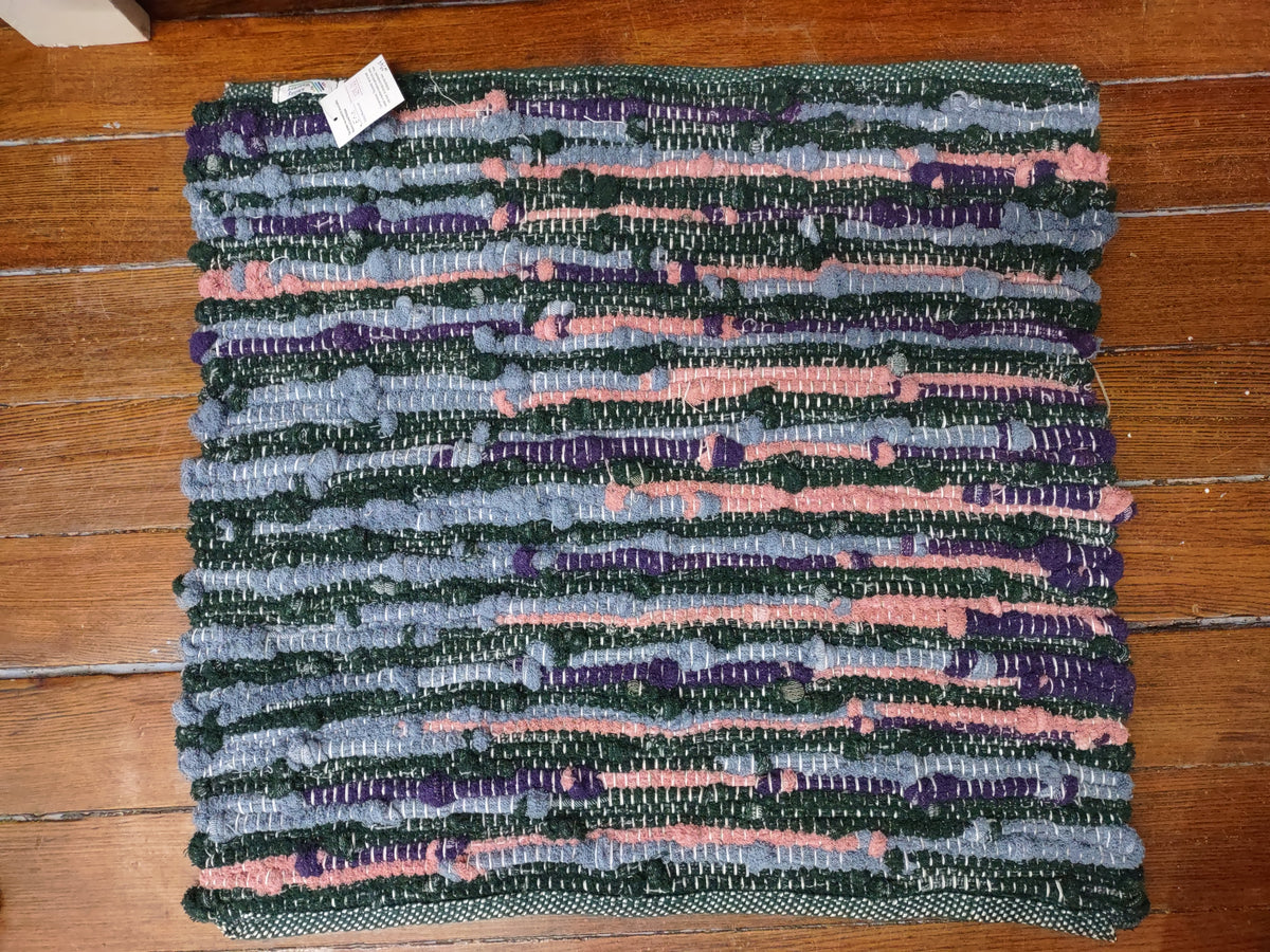Handwoven Upcycled Blue, Green, Pink and Purple Bath Mat 23x21 inches  #2944