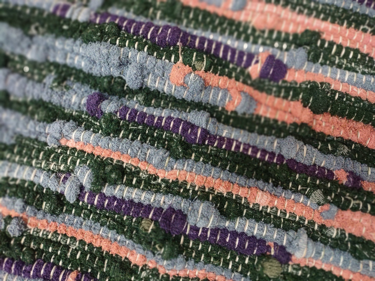 Handwoven Upcycled Blue, Green, Pink and Purple Bath Mat 23x21 inches  #2944