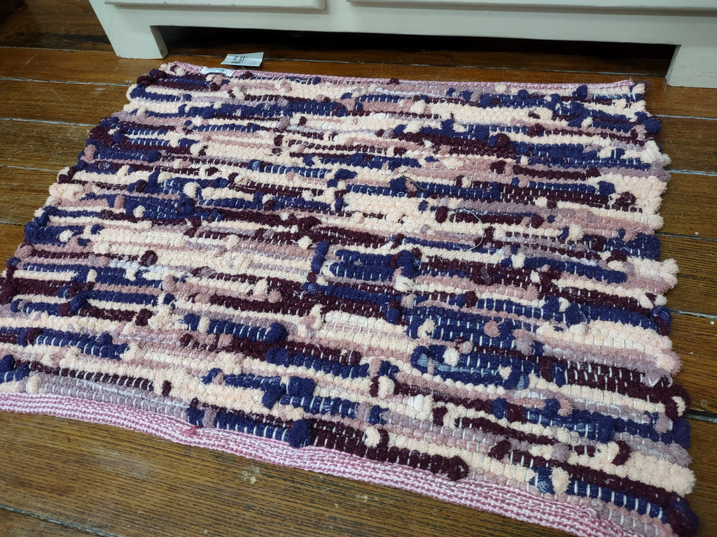 Handwoven Upcycled Blue, Pink, Cream and Burgundy Bath Mat 26x20 inches  #2915