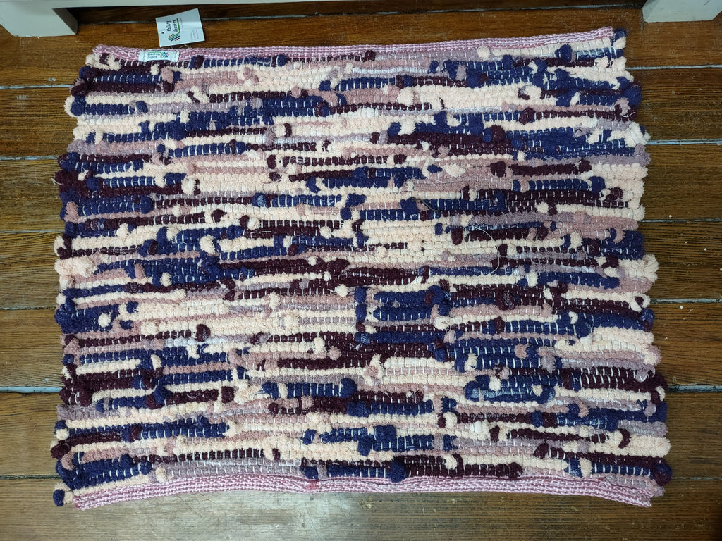Handwoven Upcycled Blue, Pink, Cream and Burgundy Bath Mat 26x20 inches  #2915