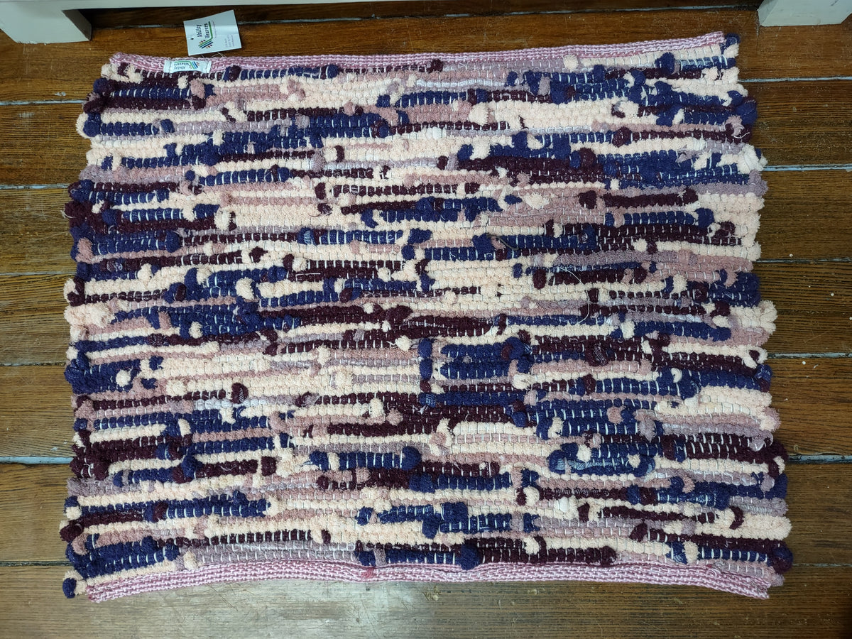Handwoven Upcycled Blue, Pink, Cream and Burgundy Bath Mat 26x20 inches  #2915
