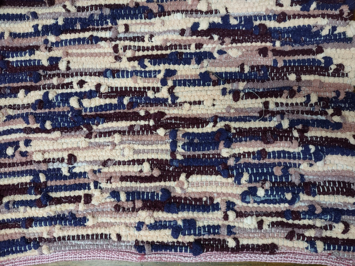 Handwoven Upcycled Blue, Pink, Cream and Burgundy Bath Mat 26x20 inches  #2915