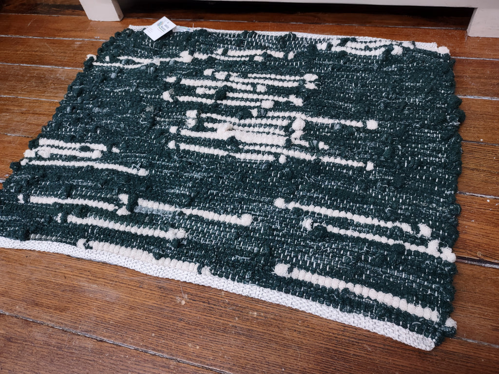 Handwoven Upcycled Green and White Bath Mat 24 x 19 inches  #2956