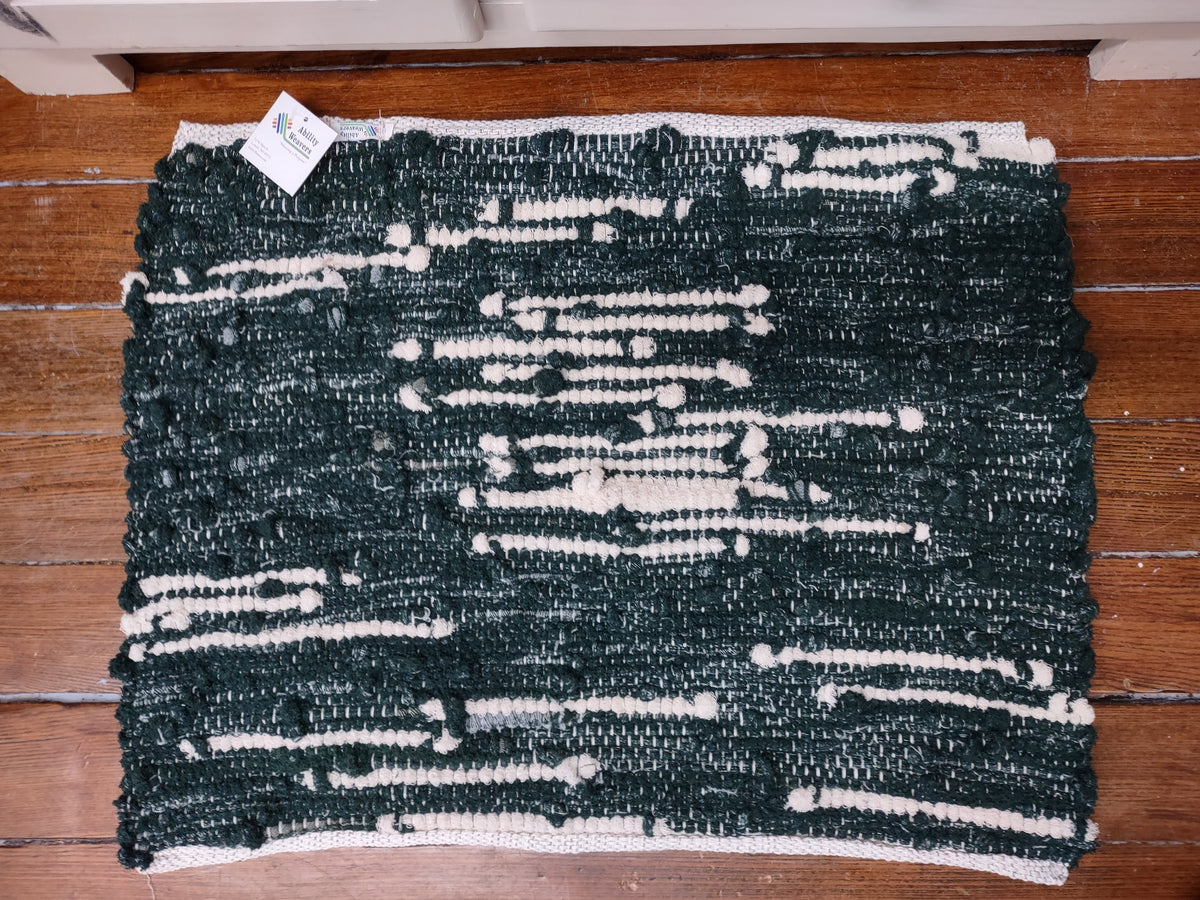 Handwoven Upcycled Green and White Bath Mat 24 x 19 inches  #2956
